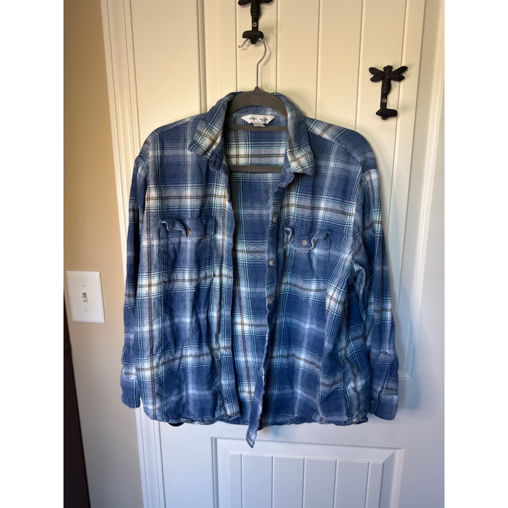 Old Navy The Boyfriend Shirt Blue Plaid Flannel Button Down Long Sleeve Large